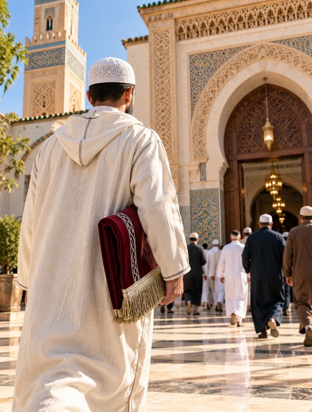 رجل بجلابة بيضاء يحمل سجادة صلاة مطوية تحت ذراعه في طريقه إلى المسجد